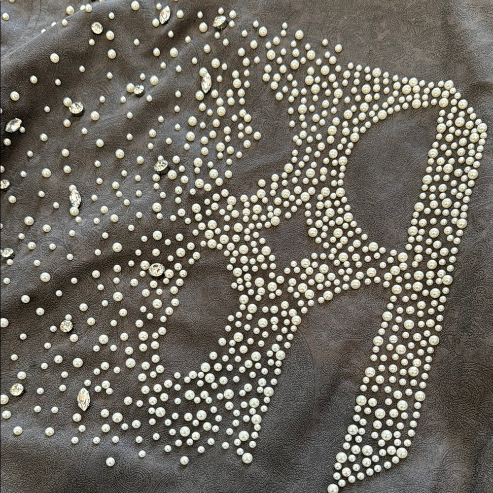 Gray Pearl Studded Embellished Bandana Felt Print Hooded Zip Jacket Sweat Set - Picture 6 of 14